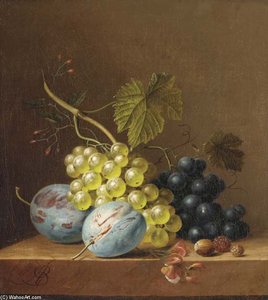 Grapes, Plums, Rasberries And An Acorn On A Wooden Ledge