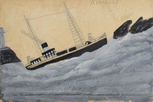 Steamboat With Two Sailors, Lighthouse And Rocks — Alfred Wallis