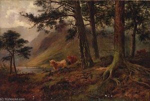 Highland Cattle In A Loch Landscape — Louis Bosworth Hurt