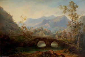 Mountainous Landscape With River, Bridge And Cottages — Charles Henry Schwanfelder
