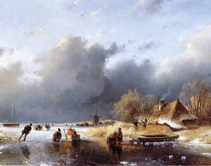 Scaters On River Near Farm Sun — Andreas Schelfhout