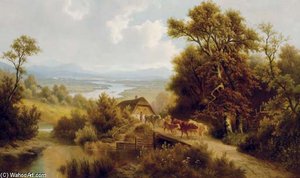 Cows Crossing A Bridge Above A Stream — William Frederick Witherington