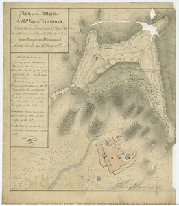 Title (original): Plan Of The Attack Of The Hill Fort Of Trimbuck Which Surrendered On The 25th April 1818 To A Detachment From The Hyd. Suby. Force Under The Personal Command Of Lieutt. Coll. A. Mcdowell. — Lieutenant Colonel Valentine Blacker