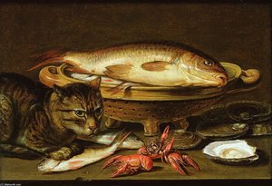 A Still Life With Carp In A Ceramic Colander, Oysters, Crayfish, Roach And A Cat On The Ledge Beneath — Clara Peeters