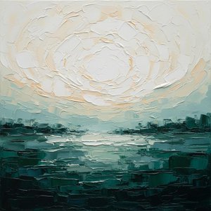 Ethereal Radiance Over Deep Teal Tides In A Sculptural Impasto Masterpiece — David Moreau, Plaster & Texture Art