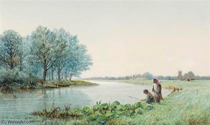 Children Playing By A River, A Village Beyond — George Stanfield Walters