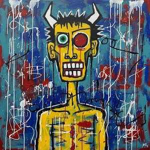 Fragmentiertes Antlitz Inmitten Eines Urzeitlichen Sturms Aus Chromatischer Chaos Und Kinetischem Spritzer — Laurent Girard, Zeitgenössische Street Art