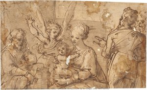 The Holy Family Accompained by an Angel and two Saints
