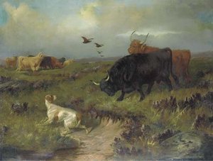 Highland Cattle, With A Setter And Grouse On The Moor