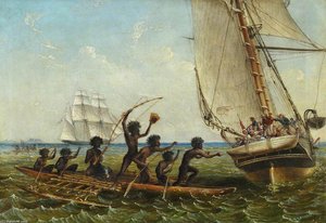 Aboriginal Canoes Communicating With The 'monarch' And The 'tom Tough' — Thomas Baines