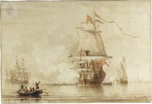 A Man O'war Firing A Salute, Others Nearby — Everhardus Koster
