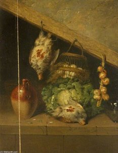 Still Life Of A Hanging Bird, A Jar And A Cabbage — Benjamin Blake