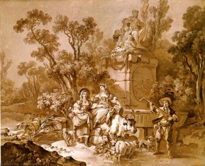 Bergeres and musician resting near a monument