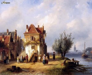 View On A Village Near To A River Sun — Charles Henri Joseph Leickert