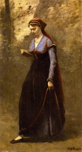 Woman In Velvet Skirt Reading — Jean-baptiste-camille Corot