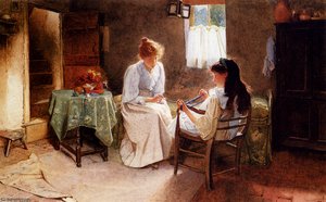 Two girls in an interior winding a skein of wool