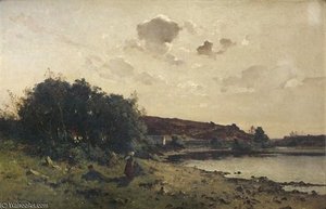 Enfants Au Repos Devant Un Paysage De Rivière — Leon Germain Pelouse
