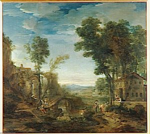 Paysage (où l'on voit un pont, une chute d'eau, un berger qui garde des moutons et chèvres, un joueur de musette vêtu de bleu, sur la gauche une femme)