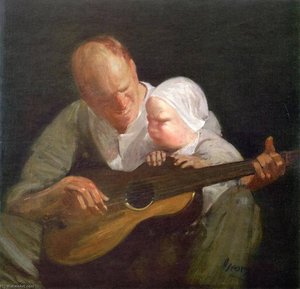 Man And Child With Guitar (also Known As Portrait Of The Artist's Brother With His Son) — George Benjamin Luks, Ashcan School