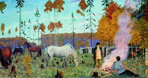 Fireplace (night) — Boris Mikhailovich Kustodiev