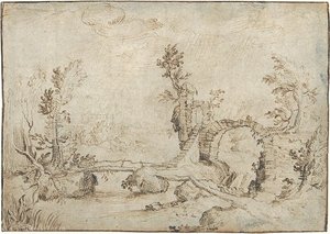 Riverside With Bridge And Ruins — Giulio Parigi