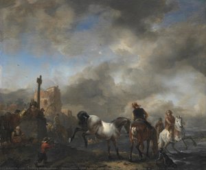 Horsepond Near A Boundary Stone, Philips Wouwerman, C. 1651 - C. 1654 — Philips Wouwerman