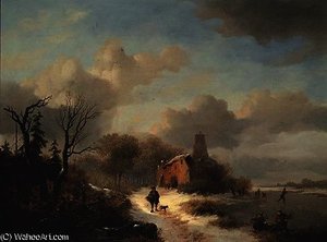 Winter Landscape With Peasant And Figures On Ice — Frederick Marianus Kruseman