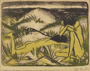 Two Nude Girls in a Sand Dune, One Sitting, One Lying
