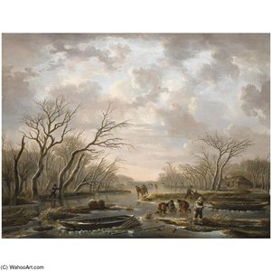 Winter Landscape With Skaters On A Frozen Canal — Andries Vermeulen