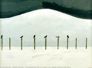From Windy Hill Xvii Five Rooks And A Magpie Sitting On My Fence — Alistair Crawford