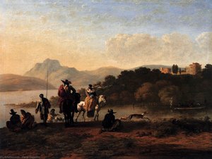 Italian Landscape With Elegant Riders And Fishermen — Karel Dujardin, Dutch Golden Age Painting
