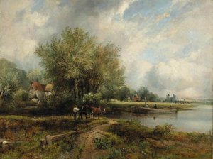 A Wooded River Landscape With A Barge And Cottages — Frederick Waters (william) Watts