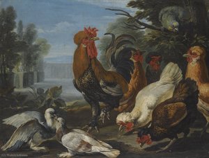 A Cockerel, Hens, Doves And A Parrot In A Formal Garden Setting — David De Coninck