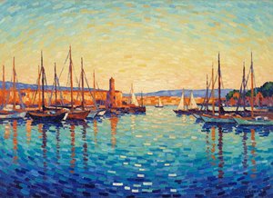 Luminous Anchorage: A Symphony Of Golden Light — Claire Dupuis, Neo-impressionism