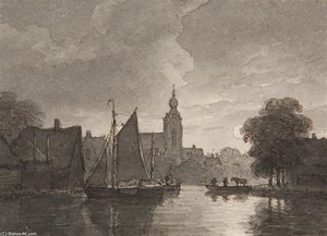 Port By Moonlight, Boats Moored — Andreas Schelfhout