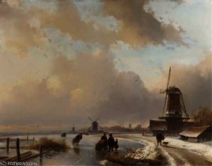 Skaters On The Ice By Windmills, A Koek And Zopie In The Distance — Andreas Schelfhout, Dutch Golden Age