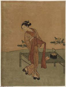 Young Woman Tying Her Obi Beside A Bamboo Bench — Suzuki Harunobu