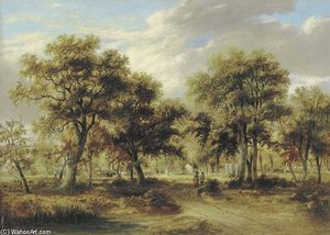 View Of Richmond Park With Figures On A Path And Cattle Beyond — James Stark
