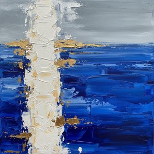 Monolithic White Pillar Over Deep Cobalt Tides With Gilded Fragmented Horizons — Christian Noiret, Contemporary Abstract