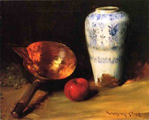 Still Liife With China Vase, Copper Pot, An Apple And A Bunch Of Grapes — William Merritt Chase