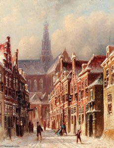 Petrus Gerardus A Snowy Street With The St Bavo Beyond Haarlem — Pieter Gerard Vertin
