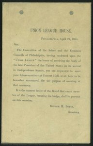 Union League Invitation To Ceremony To Recieve Lincoln — George Henry Boker
