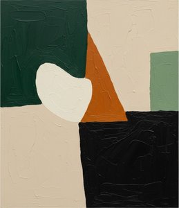 Monolithic Fragments In Ochre And Forest Green: A Singular Abstract Composition — Laurent Fabre, Neo-abstract Art (modern Abstract Compositions)