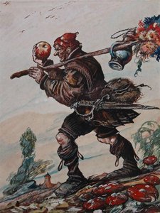 Character holding an apple in a landscape
