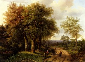 Travellers resting on a wooded path