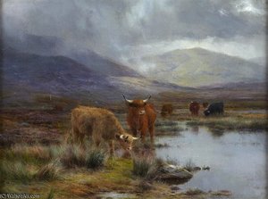 Highland Cattle Watering In A Mountain Lochan — Louis Bosworth Hurt