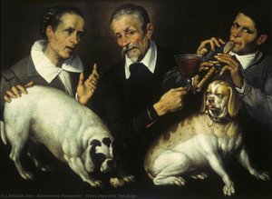 Three Men with Two Dogs