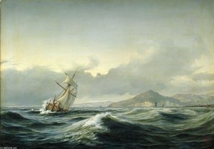 Marinemaleri med sejlskib i hård sø