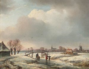 A Winter Landscape With Peasants Skating By A Wooden Bridge — Andreas Schelfhout