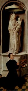 View Of The Last Judgement With Its Panels Closed, Depicting The Donors, Angelo Di Jacopo Tani And His Wife, Caterina De Tanagli, Below The Madonna And Child And St. Michael — Memling, Hans, Early Netherlandish Painting